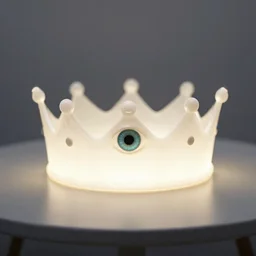a glowing crown sitting on a table with one beautiful eye mounted on it like a jewel, night time, vast cosmos, light rays, bold black lines, flat colors, geometric graphic design, minimal psychedelic 1 9 6 0 s poster illustration
