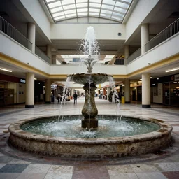 an abandoned mall in 1985, fountain, dirty, ektachrome photograph, volumetric lighting, f8 aperture, cinematic, award winning, 4k, 8k, highly detailed.