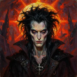 a vibrant portrait painting of a scrubby thin evil fantasy medieval - style villain with black hair and piercing eyes in dark fantasy setting, centered, dying earth, darksun, art by frank frazetta, artgerm, michael whelan, chris riddell, greg rutkowski