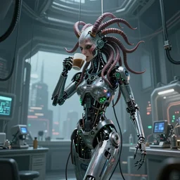 a terminator cyborg gorgon medusa with borg implants, and is hanging from cables and wires off the ceiling of a lab. her bottom half is missing with cables hanging out. she is taking a sip from a cup of coffee. tiny green led lights in her cybernetics. sophisticated lab in the background, with dystopian city visible through the window. very detailed 8 k. horror cyberpunk style.