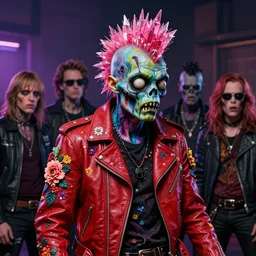 action shot of a punk rock zombie with multicolored skin and pink crystal mohawk, red leather jacket, covered in florals and glitter, digital art, behance, fantasy, cartoonish, dramatic lighting, art by giuseppe arcimboldo, geoff darrow, hajime sorayama, wayne barlowe, boris vallejo, alex ross