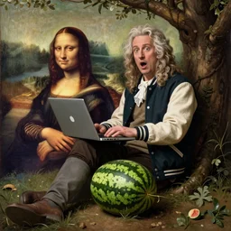 shocked isaac newton sitting under a tree on a hill holding a macbook - pro and wearing a vintage varsity jacket, a big crushed watermelon is lying on the ground next to him, a stunning oil painting by leonardo da vinci