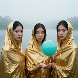a color photograph, closeup portrait of three women wrapped in gold, standing next to a levitating turquoise orb, in a foggy lake, color photograph, by vincent desiderio, canon eos c 3 0 0, ƒ 1. 8, 3 5 mm, 8 k, medium - format print