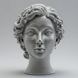 an intricate and extremely detailed sculpture of a female head made of small silver spheres