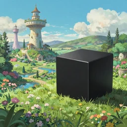 one perfect hyper realistic black cube located at the right of a beautiful enchanted landscape in the style of Hayao Miyazaki.