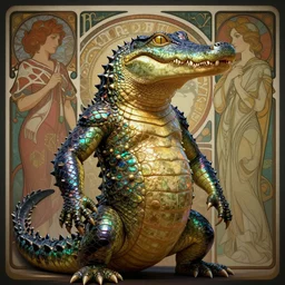 cinematic portrait of anthropomorphic gator character, masculine and ferocious by artgerm, cushart krenz, greg rutkowski, mucha. art nouveau. gloomhaven, iridescent scaled body, vibrant colors, sharp edges. ultra clear detailed. 8 k. elegant, intricate, octane render