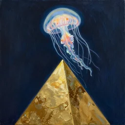 painting of glowing jellyfish on top of a shiny gold pyramid