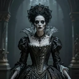 beautiful and haunting portrait of a death countess, in the style of Midjourney, elegant and intricate stylized design of royal dress with corset, ethereal, sinister, cinematic, art style by James Jean, Darius Zawadzki, Artstation trending, 8k