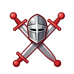 game - icon of medieval swords crossed, medieval helmet in the back, red powerful fantasy epic legends, game icon stylized, digital illustration radiating, a glowing aura, global illumination, ray tracing, 8 k high definition, intricate details, octane render, unreal engine, trending on arstation