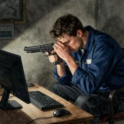 a computer janitor depressed and miserable turning the gun upon himself, dark, watercolor