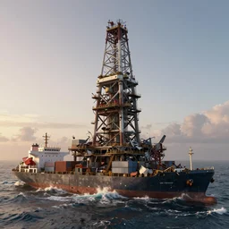 a tall, mutated oilrig tower, littered with debris from containerships in a roaring ocean at the first light of dawn. Octane render. Kitbashing. HD. Ultra detailed.