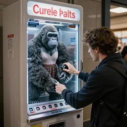 overly excited redditor frantically pumping quarters into machine labeled dalle to generate more gorillas wearing women's dresses