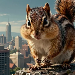 a serious giant chipmunk looks down at a city below, scifi movie poster