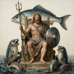 precise by william henry hunt, by faith ringgold. a computer art of a mythological scene. large, bearded man seated on a throne, surrounded by sea creatures. he has a trident in one hand & a shield in the other. behind him is a large fish. in front of him are two smaller creatures.