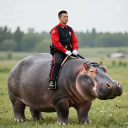 photograph of a canadian mountie riding a giant hippo