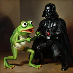 a detailed painting of pepe the frog fighting darth vader by caravaggio