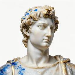 polished shiny marble statue of gladiator by michelangelo buonarroti close - up portrait, partially covered in blue paint splashes, partially gold plated, ultra - detailed flash studio photograph on white background