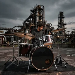 drum kit in metal refinery by rob gonsalves