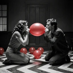 louis theroux and laura palmer blowing up red balloons in the red room, twin peaks. in the style of david lynch, black and white zig zag floor