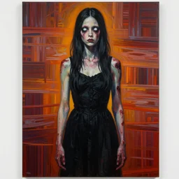 brutal black clothes, girl with white eyes, long arms, skin disease, grotesque, doomed, acrylic paint, high resolution gouache on canvas, ugly vibrant colors, grotesque, wrapped thermal background, art francis bacon