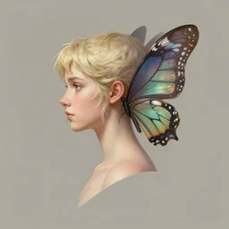 side profile centered painted portrait, Ellen Paige as a pixie, butterfly wings on her back, D&D, Gloomhaven, matte painting concept art, art nouveau, beautifully backlit, swirly vibrant color lines, fantastically gaudy, aesthetic octane render, 8K HD Resolution, by ilya kuvshinov and Cushart Krentz and Gilleard James
