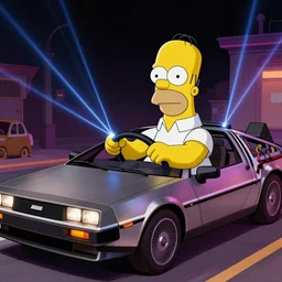 Homer Simpson driving a DMC DeLorean, 80s style, very detailed, dramatic laser lighting, electrical details, high details, 4k, 8k, trending on artstation, by Hajime Sorayama and Boris Vallejo