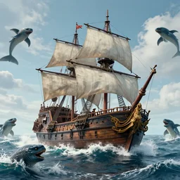pirate ship on rough seas, pirate ship being attacked by sea monsters, photorealistic illustration, high quality render, 8 k resolution