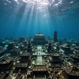 A photo  of an ancient underwater Chinese city at the bottom of the lake, rays of light illuminating from the top, highly detailed, smooth, sharp focus, 8K, f8, 28mm