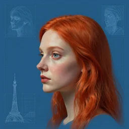 portrait of triangle shaped redhead woman head with single cubism eye, in the style of Greg Broadmore and Arthur Rackham,trending on artstation, light lighting side view,digital art,surrealism ,macro,blueprint ,vaporwave ,