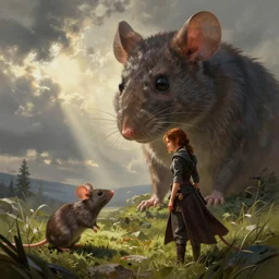katniss everdeen facing a giant mouse, digital painting, greg rutkowski, artstation