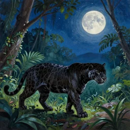 a beautiful realistic painting of a black jaguar in the jungle hunting at night, starry sky, full moon, mysterious atmosphere, vibrant colors, fantasy art style