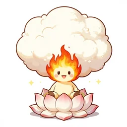 fluffy exploding mushroom cloud as popcorn elemental spirit, in the style of a manga character, with a smiling face and flames for hair, sitting on a lotus flower, white background, simple, clean composition, symmetrical