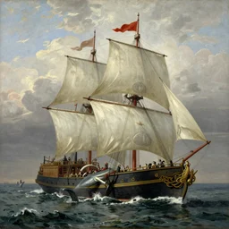 19th century oil painting depicting a ship being attacked by a kraken in the style of