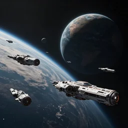 an army of realistic spaceships orbiting planet in space, sci - fi concept art by david edwards and craig mullins, volumetric light, atmospheric lighting, dramatic, cinematic, moody, octane render 4 k, 8 k
