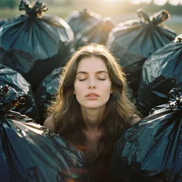 a vintage analog head and shoulder frontal face portrait photography of a beautiful woman surrounded by black trash bags and pollution by alex prager. long hair. vogue. closed eyes. kodak portra 8 0 0 film. shallow depth of field. ( depth of field ). whirl bokeh!!. golden hour. detailed. hq. realistic. warm light. muted colors. filmic. dreamy. lens flare. mamiya 7 ii, f / 1. 2, symmetrical balance, in - frame