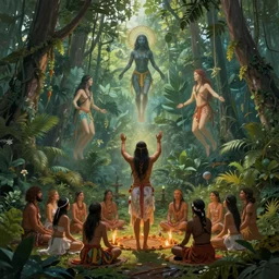 a shamanic ceremony in the jungle, invoking spirits floating in the air, matte painting, art by christophe vacher