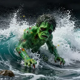 the pain is splattered on the sad monster's green face while huge waves crash against him, water sprays into the air, black sky in background, hints of red and yellow, fantasy, unreal engine