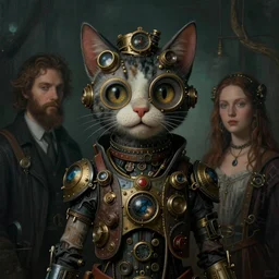 a symmetrical matte portrait of synthwave steampunk cat hero. joyful bearing. cinematic atmospheric lighting, painted, intricate, ultra - portrait of the innermost soul by dave dorman hieronymus bosch, cyril rolando, esher and natalie shau, whimsical, profound, impossible. trending on devaintart. dark, brooding,
