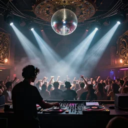 beautiful digital art of a dj on stage spinning records with headphones looking over crowd dancing at a club by moebius and hans rudi giger, silhouette, volumetric lighting, haze, moving heads light beams, spot lights, disco ball, trending on artstation, 4k, unreal engine, intricate, ornate