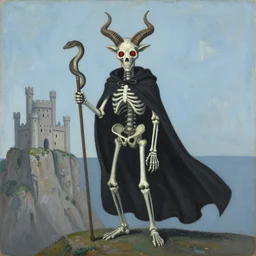 delicate pride & prejudice, pale blue by arshile gorky, by mark lague. a beautiful assemblage of a horned, red - eyed, skeleton - like creature, with a long black cape, & a staff with a snake wrapped around it, standing in front of a castle atop a cliff.