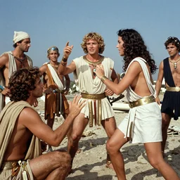 the image is a greek mythological fiction lost hollywood film still 1 9 6 0 s photograph of a scene featuring a scene in which a character is introduced in a memorable way. vibrant cinematography, anamorphic lenses, crisp, detailed image in 4 k resolution.