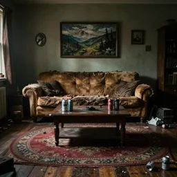 a room, dim lighting, old torn couch, coffee table, some beer cans and garbage, wood floor, large circular rug, stoner artifacts,