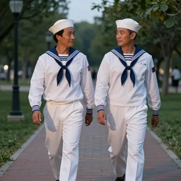 Two sailors, dressed in hats and white uniforms, walking through a beautiful park at twilight, holding hands