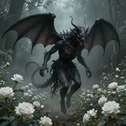 Surreal Demon Floating in the air, in the middle of a garden of white roses, photo realistic, insanely detailed, mist, trending on artstation, golden ratio, ultra super good matte painting by Pete Morbacher and Zdzisław Beksiński