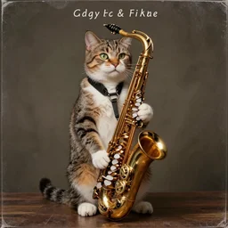 album art cover of a cat stuck inside of a saxophone