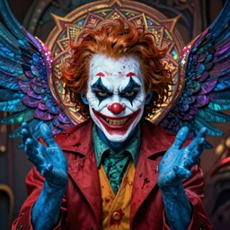4K headshot of godlike clown with blue skin defined arms and open hands and bloody clothes with giant mandala wings , intricate clown face make-up , flawless anime cel animation by Kentaro Miura, psychedelic , highly detailed upper body , professionally post-processed , beautiful, scary, symmetry accurate features, epic, octane rendered, anime masterpiece, accurate
