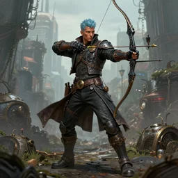 Full body Picture of a Male archer, steampunk, black leahter gloves, leather duffle coat, marked muscles, brown skin, light blue hair, brown eyes, detailed face, combat stance, black denim pants, techno bow and metal arrows, urban jungle, epic fantasy, city in the background, steampunk, D&D, by artgerm and Craig Mullins, James Jean, Andrey Ryabovichev, Mark Simonetti, Genzoman, and Peter Morbacher, matte painting, trending on artstation, artstationHD, artstationHQ, octane, full HD, 16K