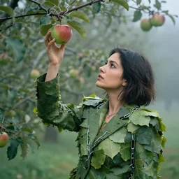 a closeup portrait of a woman wearing suit made of leaves and chains, picking apples from a tree, foggy, moody, photograph, by vincent desiderio, canon eos c 3 0 0, ƒ 1. 8, 3 5 mm, 8 k, medium - format print