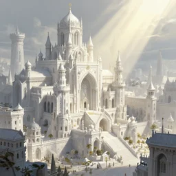 highly detailed concept art of authoritarian pearly white medieval city, roman architecture with religious iconography, sunbeams, digital painting, fantasy, d & d, beautiful, illustration