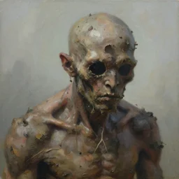 painting by jakub rozalski of a muddy rooted humanoid creature with a big hole in the head. half body closeup
